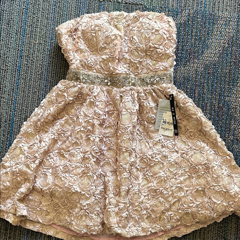 NWT As U Wish Strapless Blush textured Floral Dress with Rhinestone  Waist Line